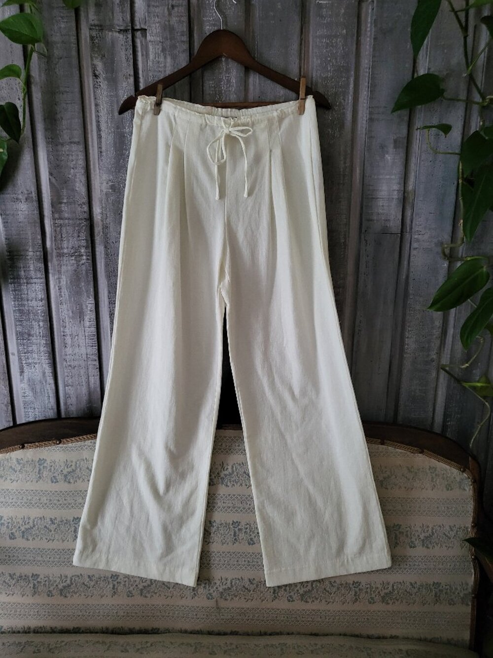Zara Cream White Linen-Look Wide Leg Pleated Pants M